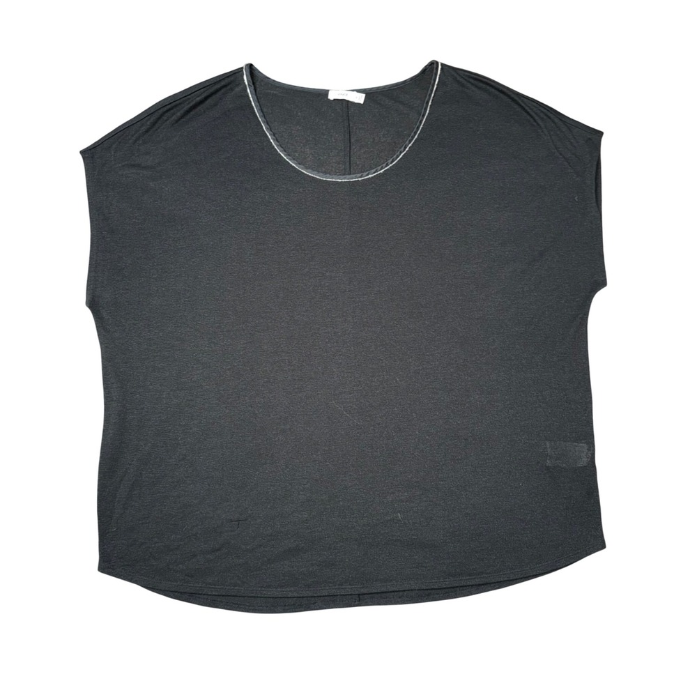 Vince Scoop Neck Top Womens XL Black Silver Trim Short Sleeve Rayon Blend Good